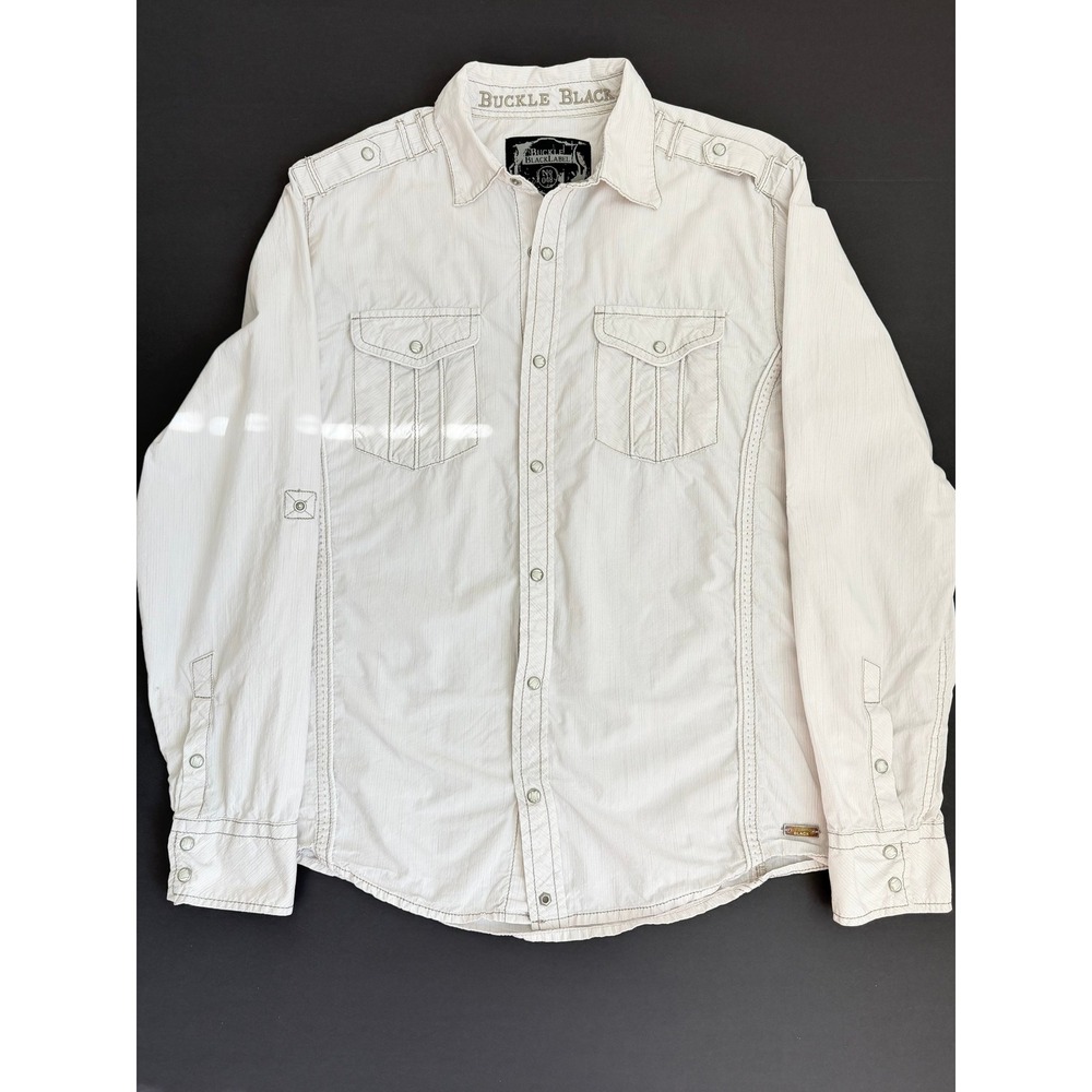 Buckle Black Mens Slim Fit Textured Snap Front Shirt Large White Western Y2K - Picture 2 of 9